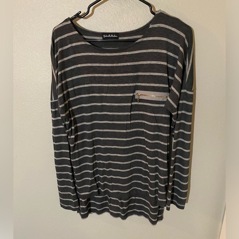 Gabriella Roche Gray Striped Long Sleeve Top with Pocket
